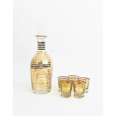 Mid Century Gold Striped Glass Decanter Set 