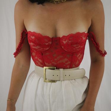 Vintage Red Lace Frederick’s of Hollywood Sheer Lace Bustier Corset Top with Garters - 34B/32C/36A 
