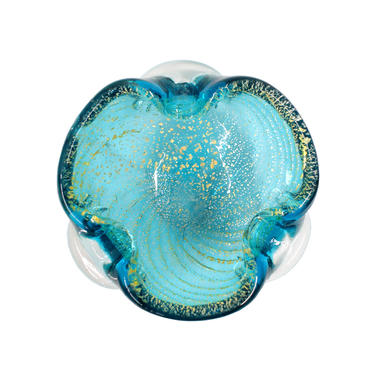 Seguso Murano Art Glass Candy Dish Blue with Gold Flecks Mid Century Modern 