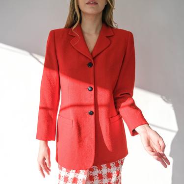 Vintage 90s Ungaro Sol Donna Red Boucle Broad Shoulder Blazer w/ Three Black Buttons | Made in Italy | 1990s Emanuel Ungaro Designer Jacket 