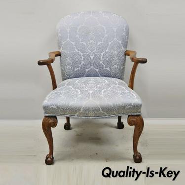 Chippendale Georgian Style Ball &amp; Claw Carved Mahogany Blue Upholstery Arm Chair