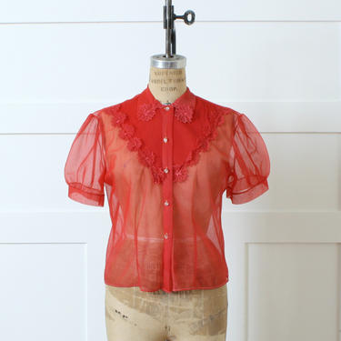 vintage 1950s sheer nylon blouse • red pleat front floral applique pinup top 