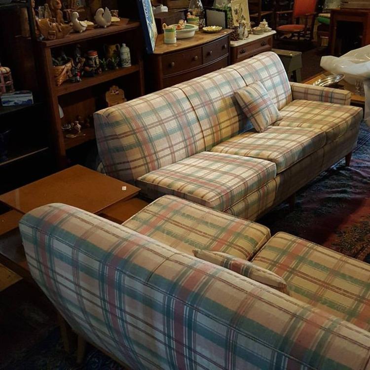 SOLD. Two piece Mid Century Plaid Sectional Sofa, $290.