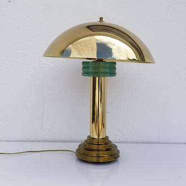 1980's Art Deco  Revival Brass Mushroom  Lamp  With Green  Glass  By Casablanca  Lighting . 
