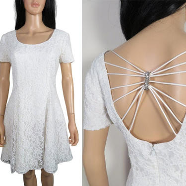 Vintage 90s White Lace Mini Dress With Cage Scoop Back Size S/M 