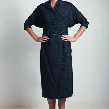 vintage 50s skirt suit black blue shirt top a-line set geometric textured stripe LARGE - EXTRA Large L XL 
