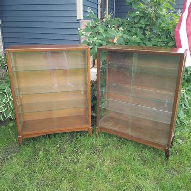 Pair of Mid Century Modern McM Glass Wood 3 Shelf Bookcases Display Case SEE SHIPPING DESCRIPTION 