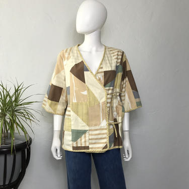 Vtg 70s cotton patchwork quilt colorblock top shirt SM 