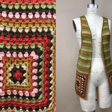 Vintage 1970s Helen Harper Vest, Oversized Granny Square Crochet Vest, 70s Boho Hippie Folk, Afghan Square Crochet, Made in Korea, Size M/L by Mo