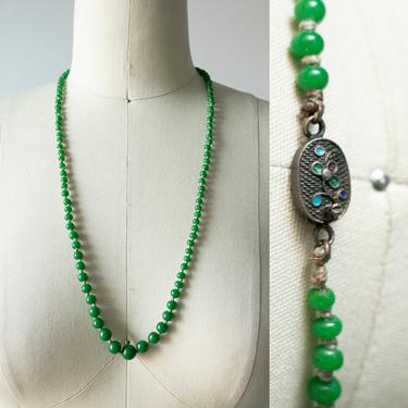 1920s Necklace Green Glass Bead Deco Jewelry 