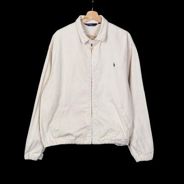 90s Polo Ralph Lauren Denim Harrington Jacket - Men's Large | Vintage Lightweight White Zip Up Twill Coat 