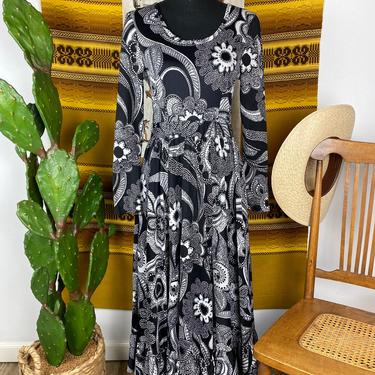 Vintage 1970s Prairie Style Polyester Ankle Length Dress 