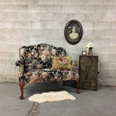 LOCAL PICKUP ONLY Vintage Floral Loveseat Retro 1990's Black with Pink Flowers Two Seat Small Couch with High Back and Carved Wood Feet 