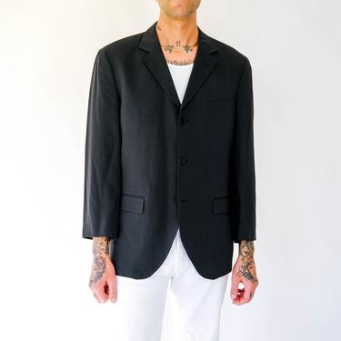 Vintage 80s Giorgio Armani Black Convertible Mandarin Collar Blazer w/ Textured Dash Stripe Design | Made in Italy | 1980s Designer Jacket 