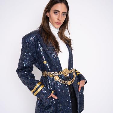 Vintage Sequin blazer, sequin nautical blazer by LEW Magram band jacket navy blue gold beaded women’s dress coat  small 