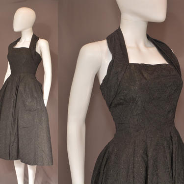 vintage 50s pin up dress black 1950s Suzy Perette halter wiggle full skirt party cocktails lbd metallic embroidered 60s dress xs extra small 