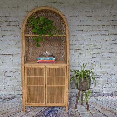 SHIPPING NOT FREE!!!Vintage Rattan Cabinet/ Wicker Hutch/Etagere Shelving Cabinet/Bookcase 