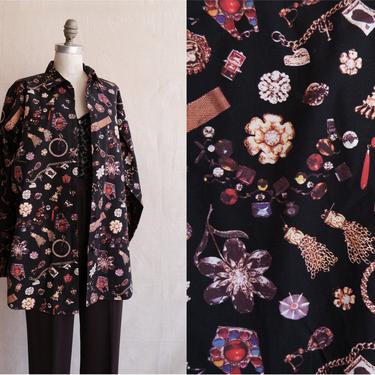 Vintage ESPRIT Jewelry Photo Print Cotton Blouse/ 1990s Novelty Print Button Up Shirt/ Size Large 