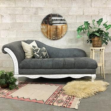 LOCAL PICKUP ONLY Vintage Chaise Lounge Retro 1940s Dark Gray Tufted Daybed with High Curved Back and Carved Wood Details on a White Frame 