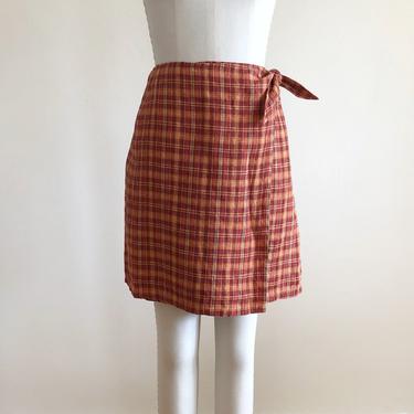 Red and Orange Plaid Linen Wrap Mini Skirt - 1990s 