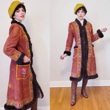 1970s Embroidered Suede Coat Deshanter / Brick Rust Red Multicolored Boho Peasant Afghan Coat Sheepskin Fur Penny Lane / Med / Aina 