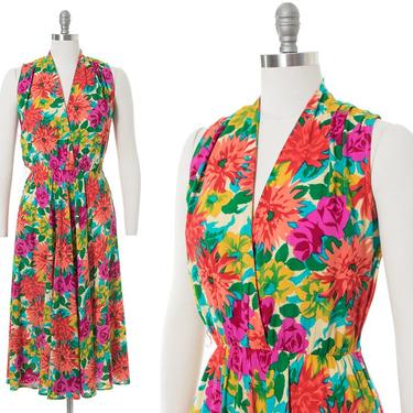 Vintage 1990s Sundress | 90s Floral Rose Printed Rayon Fit and Flare Full Skirt Elastic Waist Day Dress (small/medium) 