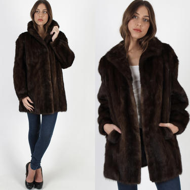 Womens Fur Back Collar Mink Coat / Vintage 70s Mahogany Mink Fur Jacket / Cropped Real Fur Plush Brown Opera Pockets Short Jacket 