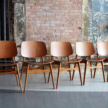 Set of 5 Teak and Oak Dining Chairs by Borge Mogensen