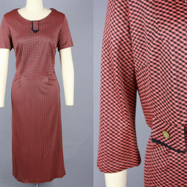 1950s GINGHAM Jersey Dress Set | Vintage 50s 60s Two Piece Day Dress with Bolero Jacket | large / xl 