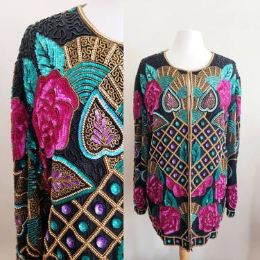 1980s Sequined Jacket Art Deco Style Roses Flowers Hearts / 80s India Silk Embroidered Blazer Marshall Field / 1x Plus Size Vintage / Judith 