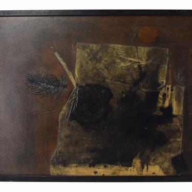Vintage Dark Mid-Century Modern Abstract Mixed Media Painting Black Feather 