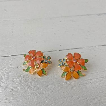 Vintage Joan Rivers Pink And Yellow Flower Enamel Pierced Earrings // Boho, Femme, Floral Flower Earrings, Christmas Earring Gift 
