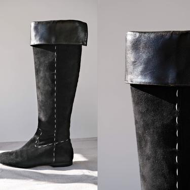Vintage 80s Andrea Pfister for Neiman Marcus Black Suede w/ White Stitch Knee High Boots | Made in Italy | Size 8 | 1980s Designer Boots 