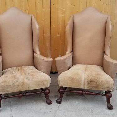 Stately Homes Collection Pair of Natural Leather and Hair-on Cowhide Upholstered Mahogany Wingchairs by Baker