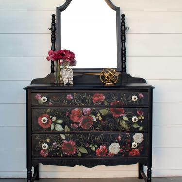 Vintage Dresser with Mirror – Midnight Floral Black