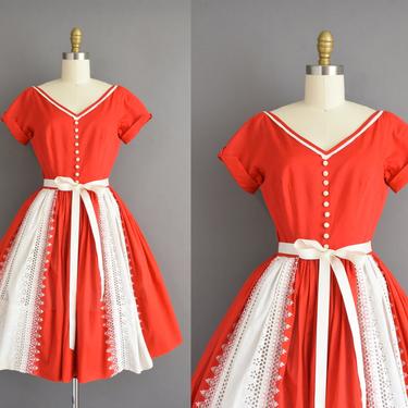 vintage 1950s dress | Henley Jr. Candy Apple Red Cotton Short Sleeve Full Skirt Dress | Small Medium | 50s vintage dress 