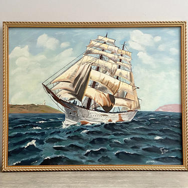 Vintage Ship Oil Painting Original Signed Ocean Seascape 