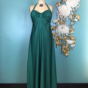 1970s halter dress, vintage 70s dress, disco style, forest green polyester, empire waist, tie neck, 70s maxi dress, ruched bust, biba style 
