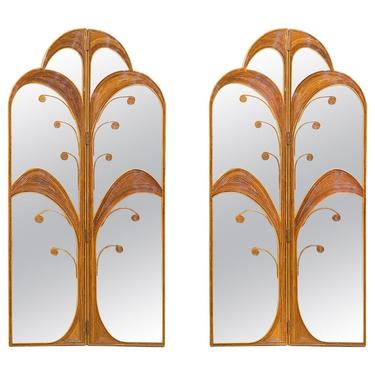 Pair of Mirrored Bamboo Rattan Palm Tree Folding Screens Style of Vival del Sud