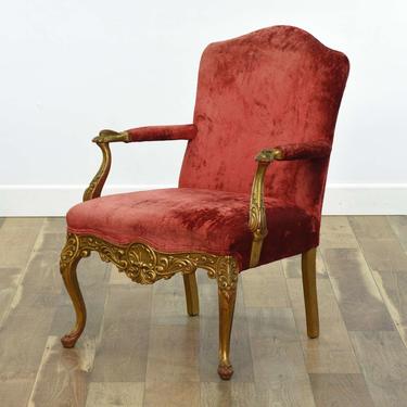 Carved Gold French Armchair W Red Velour Upholstery 