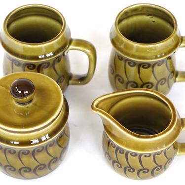 Vintage 1970s Royal Sealy Ceramic Coffee Set Two Mugs Creamer and Covered Sugar Bowl Avocado Green 