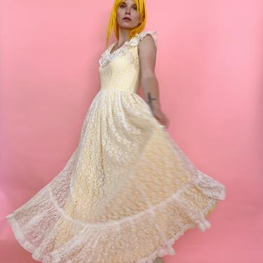 60s/70s Handmade Butter Yellow Lace Dress 