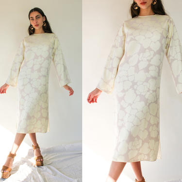 Vintage 70s 80s Yves Saint Laurent Shadow White Silk Shift Dress w/ Floral Brocade Design | Made in France | 1970s 1980s YSL Designer Dress 