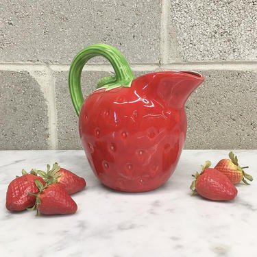 Vintage Pitcher Retro 1970s Strawberry + Ceramic + Handmade + Pottery + Fruit Shaped + Servingware + Home and Kitchen Decor 