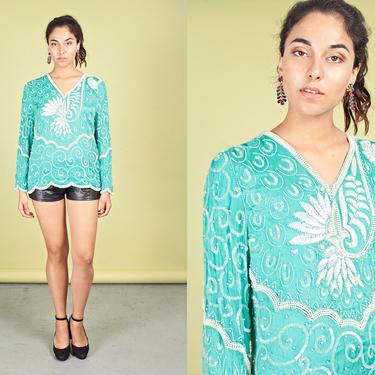 80s Mint Green Sequin Blouse Vintage Pearl White Long Sleeve Top 
