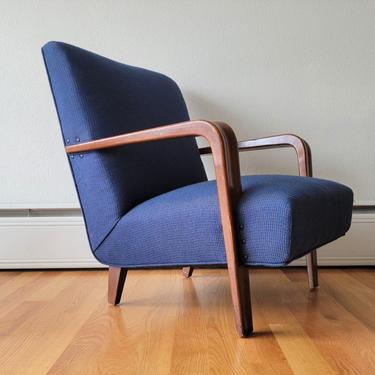 Vintage Mid Century Upholstered Walnut Lounge Chair 