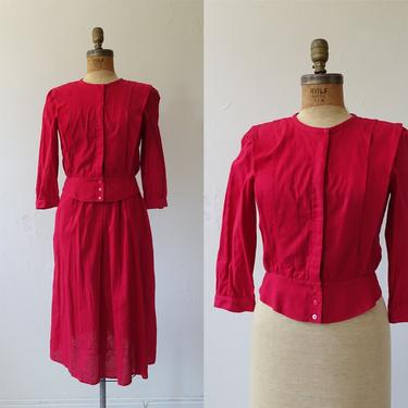 Vintage 70s Pierre Cardin Two Piece Linen Set/ 1970s Red Prairie Blouse and Skirt Suit/ Size Large Medium 