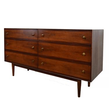 Walnut Long Dresser Brass McCobb Style Pulls Stanley Furniture Mid Century Modern 
