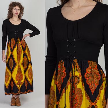 60s 70s Corset Tie Paisley Print Dress - Small | Vintage Boho Renaissance Argyle Pattern Prairie Maxi 