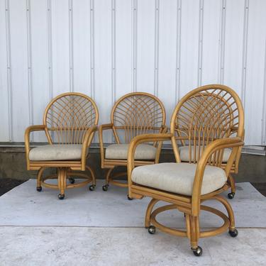 Set of 4 Vintage Rattan Dining Chairs with Wheels